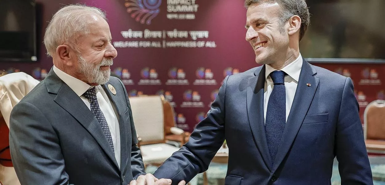 Presidente Luiz Inácio Lula da Silva durante reunião bilateral com o Presidente da França, Emmanuel Macron, no Centro de Convenções Bharat Mandapa. Nova Délhi - Índia.
