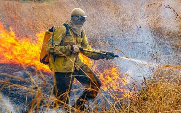 Agente combatendo incêndio