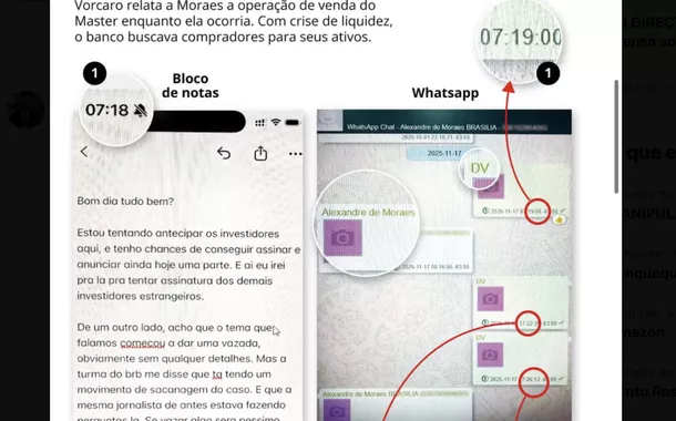 Supostas mensagens entre Vorcaro e Moraes eram de visualização única; as do banqueiro ficaram salvas no celular