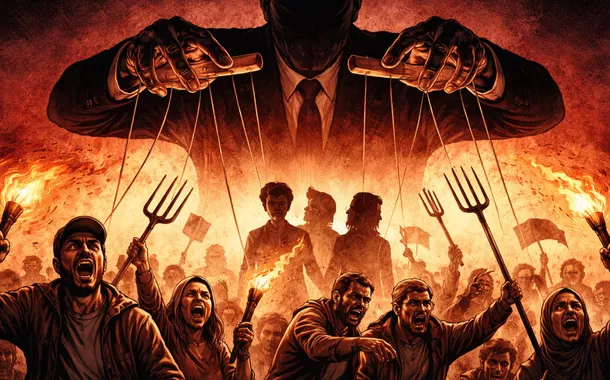 Representação de multidão manipulada como marionete por uma figura sombria