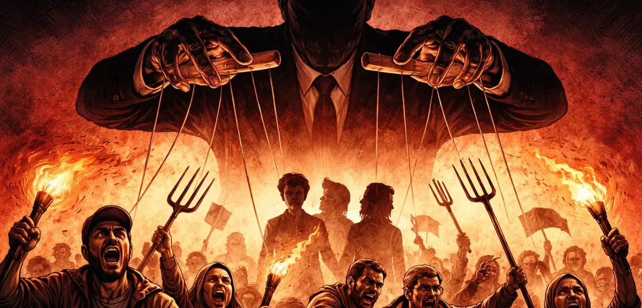 Representação de multidão manipulada como marionete por uma figura sombria