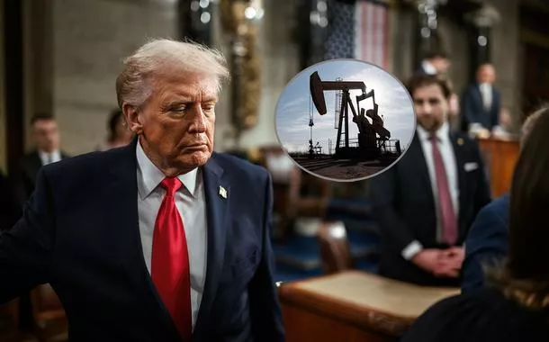 Donald Trump e um campo de petróleo da Bacia Permiana, nos arredores de Odessa, Texas, EUA
