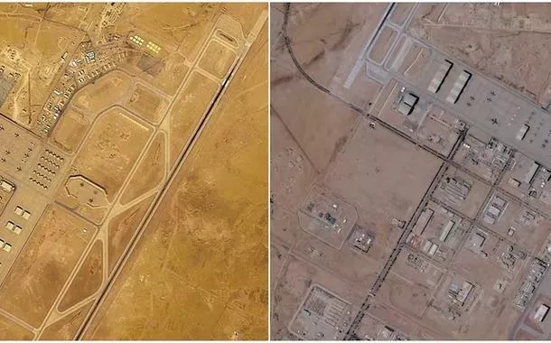 Uma imagem composta de imagens de satélite mostra aeronaves na Base Aérea Prince Sultan, na Arábia Saudita, em 17 de fevereiro de 2026 (à esquerda) e em 21 de fevereiro de 2026 (à direita)