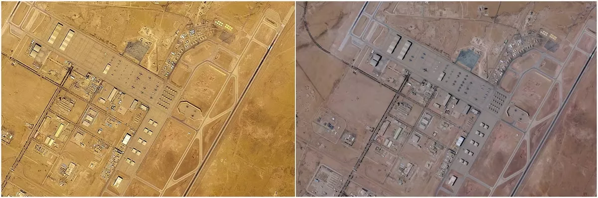 Uma imagem composta de imagens de satélite mostra aeronaves na Base Aérea Prince Sultan, na Arábia Saudita, em 17 de fevereiro de 2026 (à esquerda) e em 21 de fevereiro de 2026 (à direita)