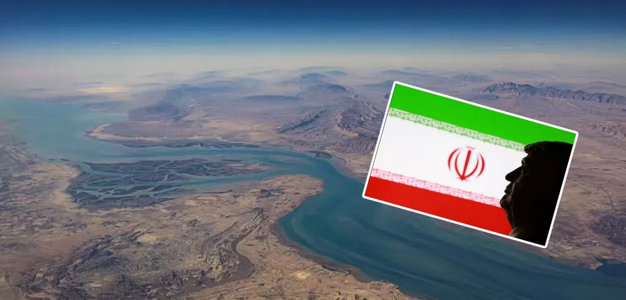 Imagem aérea revela o litoral do Irã e a ilha de Qeshm, localizada no estreito de Ormuz, bandeira do Irã e Donald Trump