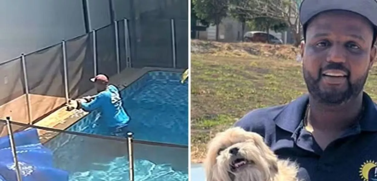 Vinicius, piscineiro que salvou Choquito do afogamento, ao lado do cachorro já recuperado em Goiânia