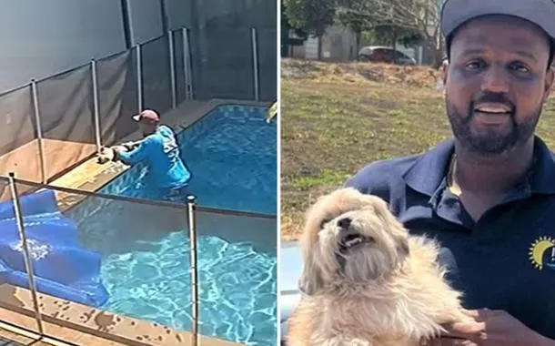 Vinicius, piscineiro que salvou Choquito do afogamento, ao lado do cachorro já recuperado em Goiânia