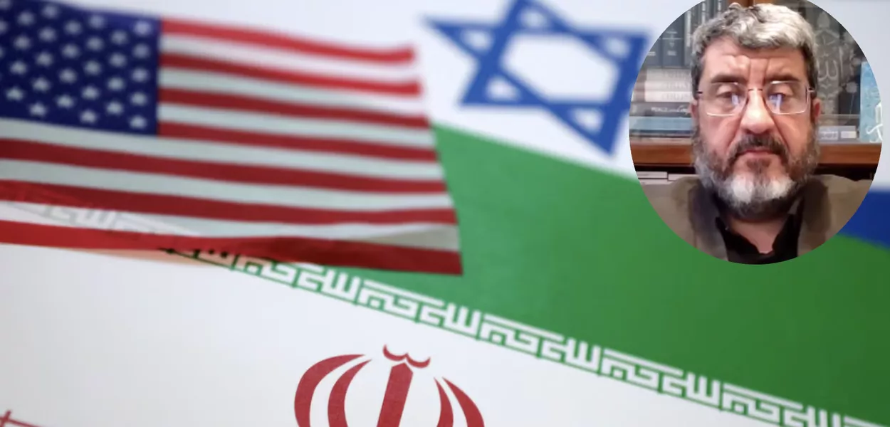 Ilustração com as bandeiras de EUA, Irã e Israel e o professor Foad Izadi