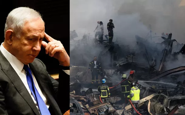 Benjamin Netanyahu e destroços em Beirute, Líbano