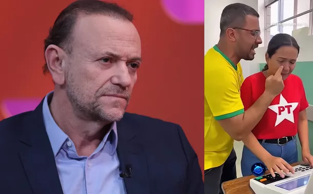 Edinho Silva ao lado de captura de tela de vídeo que simula agressão de homem bolsonarista contra mulher petista