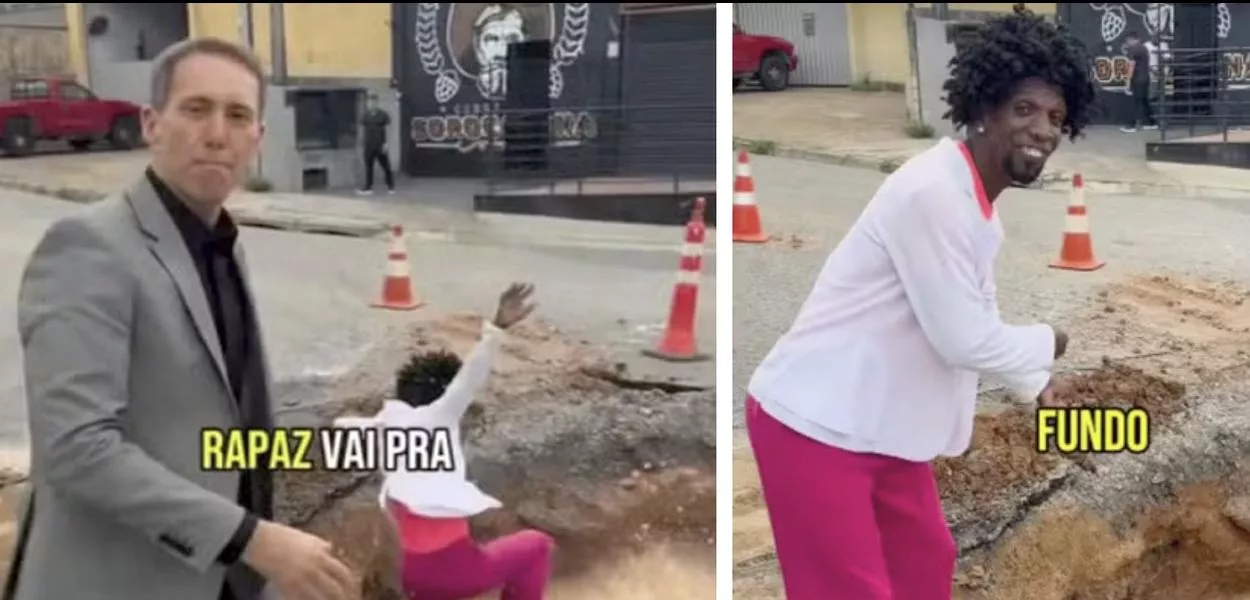 Rodrigo Manga (de terno) e o cenário criado em vídeo