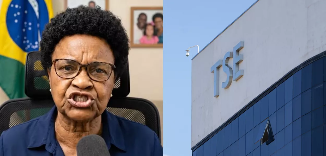 "Dona Maria", personagem criada por inteligência artificial, e prédio do TSE