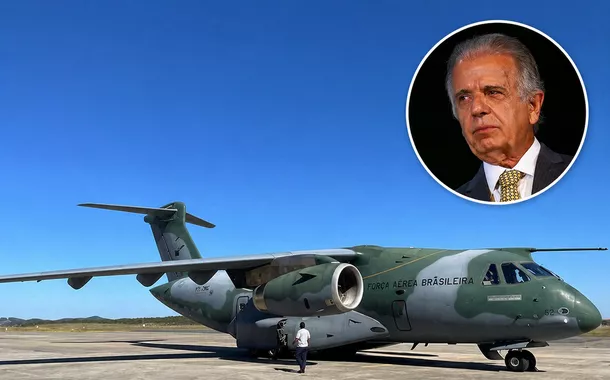 Cargueiro militar KC 390 e ministro da Defesa, José Múcio 