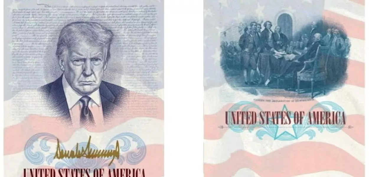 Um passaporte dos Estados Unidos com uma imagem e a assinatura do presidente Donald Trump é visto nesta renderização divulgada pelo Departamento de Estado em Washington, D.C., EUA, em 28 de abril de 2026