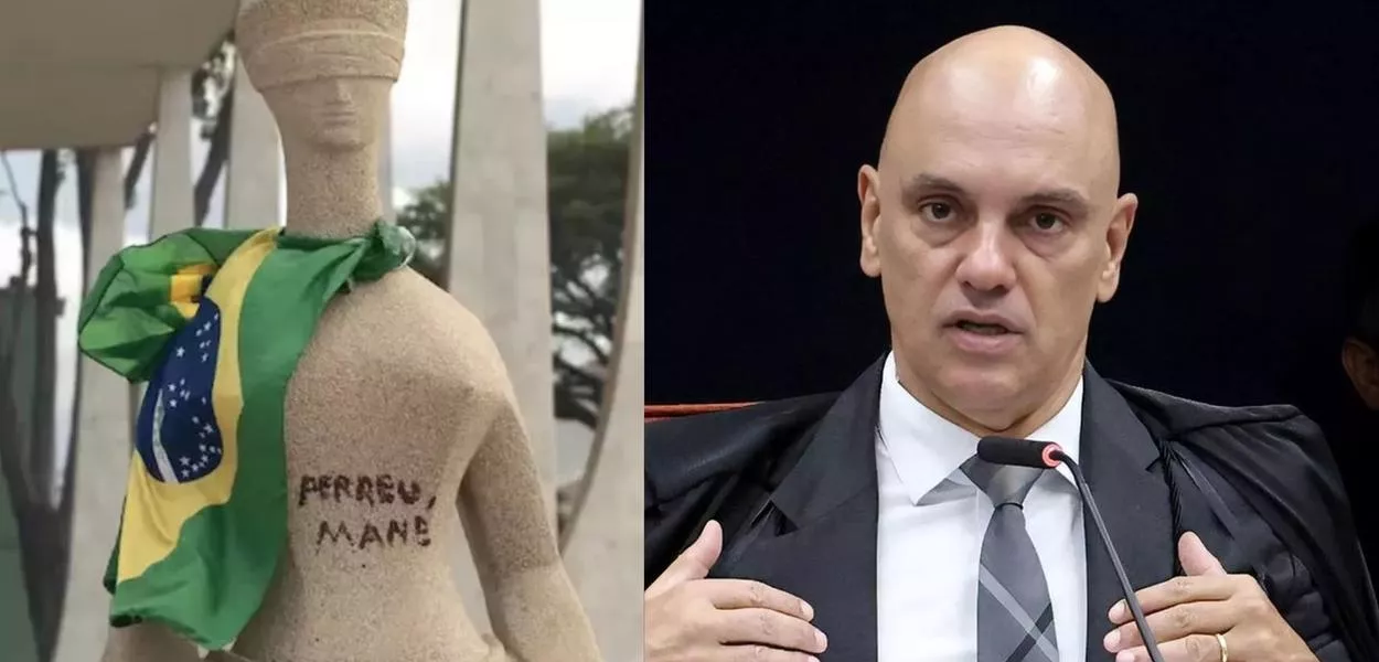 Estátua do STF 'A Justiça' vandalizada no 8 de Janeiro de 2023 - Ministro Alexandre de Moraes