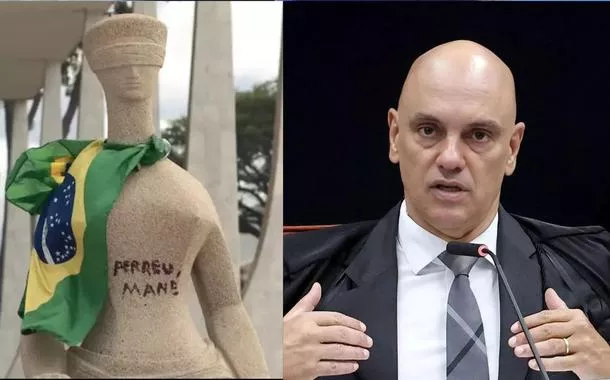 Estátua do STF 'A Justiça' vandalizada no 8 de Janeiro de 2023 - Ministro Alexandre de Moraes