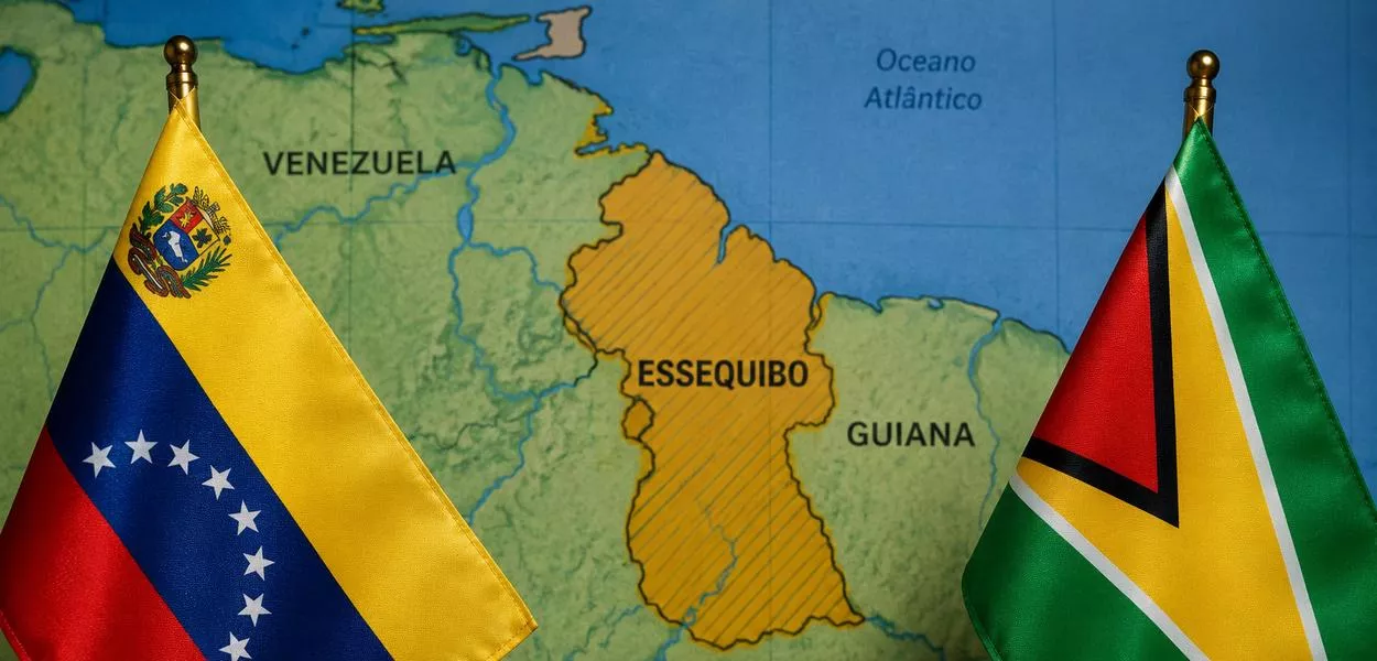 Bandeiras da Venezuela, da Guiana e, ao fundo, o mapa da América do Sul