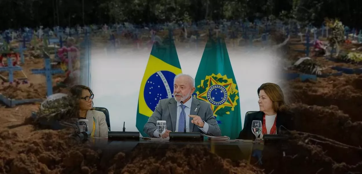 Lula e um cemitério com as vítimas da Covid
