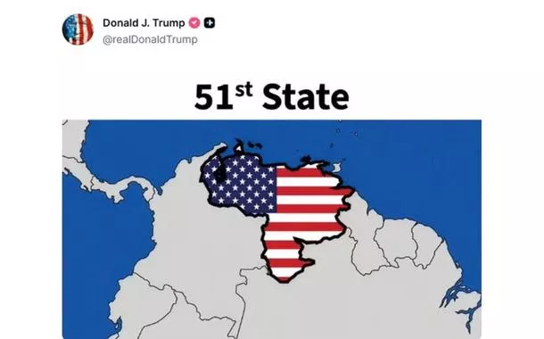 Trump publica imagem da Venezuela sob a bandeira dos EUA e a frase “51º estado”