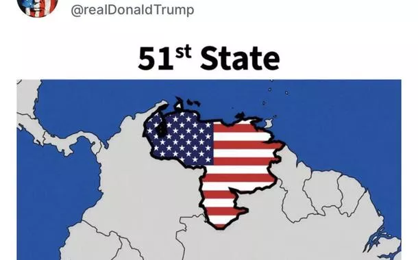 Mapa figura Venezuela como 51º estado dos EUA