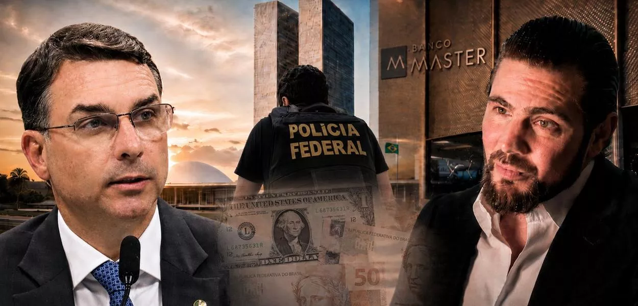Flávio Bolsonaro, agente da PF, Daniel Vorcaro e, ao fundo, Congresso e Banco Master