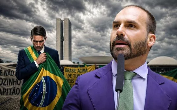 Jim Caiezel interpretando Jair Bolsonaro (PL) no filme "Dark Horse", Congresso Nacional ao fundo e Eduardo Bolsonaro 