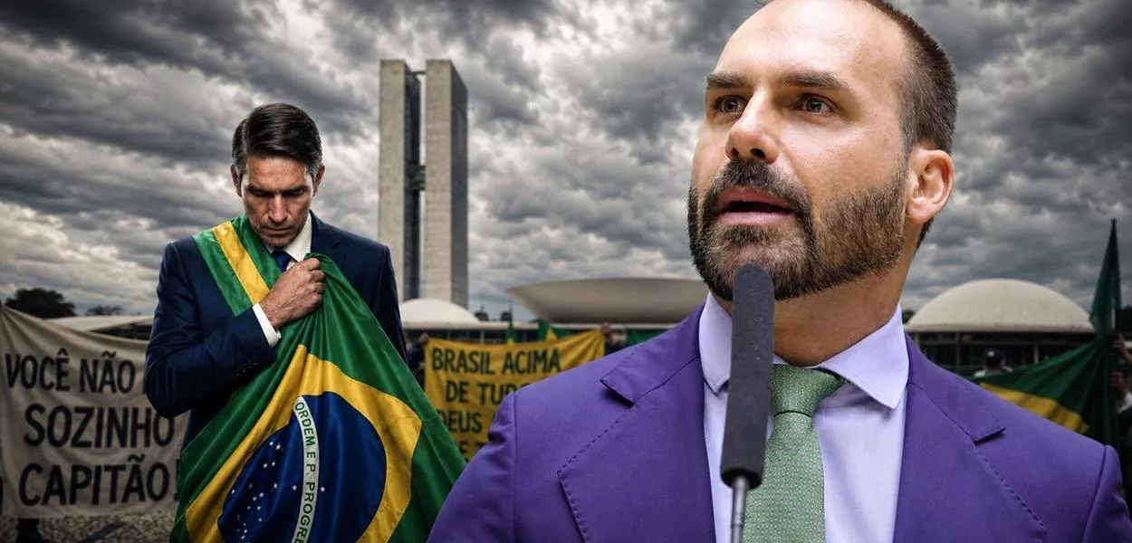 Jim Caiezel interpretando Jair Bolsonaro (PL) no filme "Dark Horse", Congresso Nacional ao fundo e Eduardo Bolsonaro 