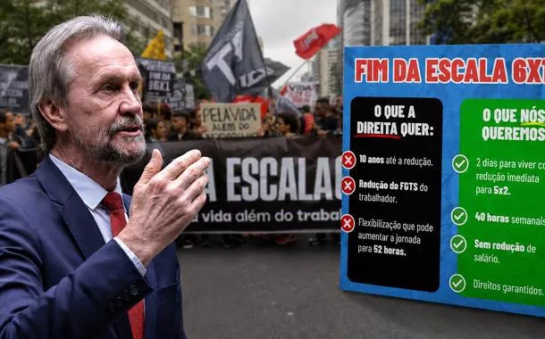Pedro Uczai, uma espécie de cartaz postado pelo deputado nas redes sociais e um protesto pelo fim da escala 6x1 no Brasil