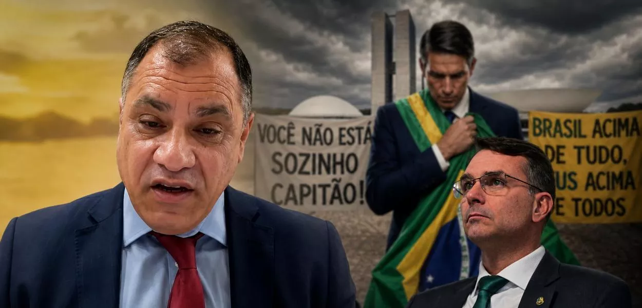 Jorge Folena, Flávio Bolsonaro e o ator Jim Caviezel interpretando Jair Bolsonaro no filme Dark Horse