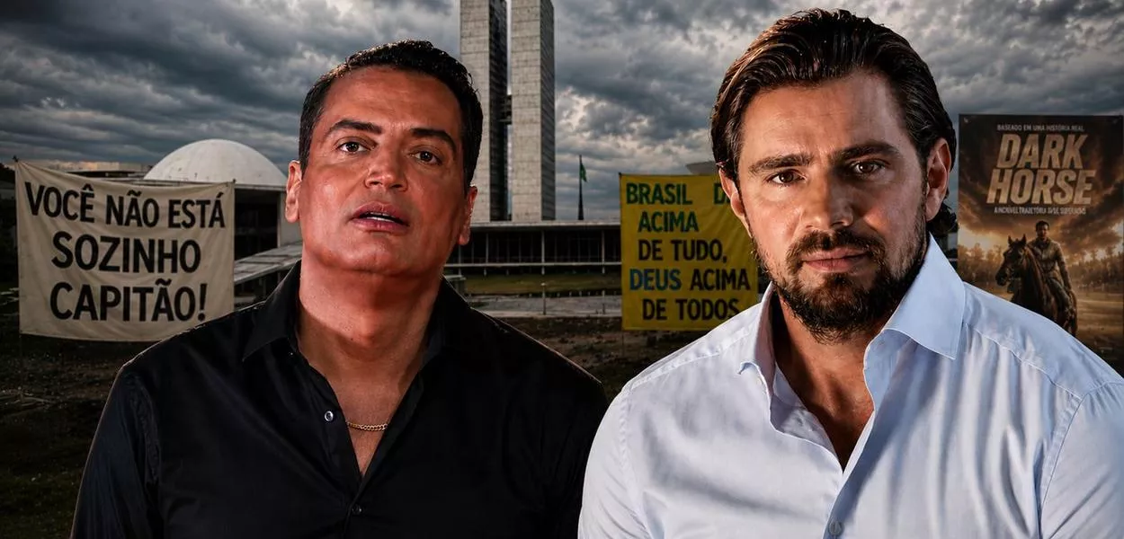 Leo Dias, Daniel Vorcaro e, ao fundo, imagem do filme Dark Horse