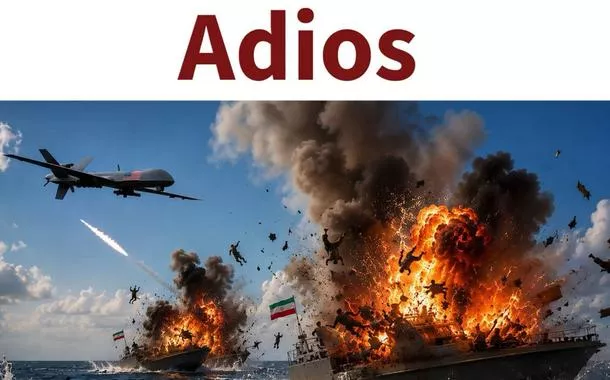 Imagem gerada por IA e publicada por Donald Trump simulado um ataque de um drone dos Estados Unidos e embarcações do Irã