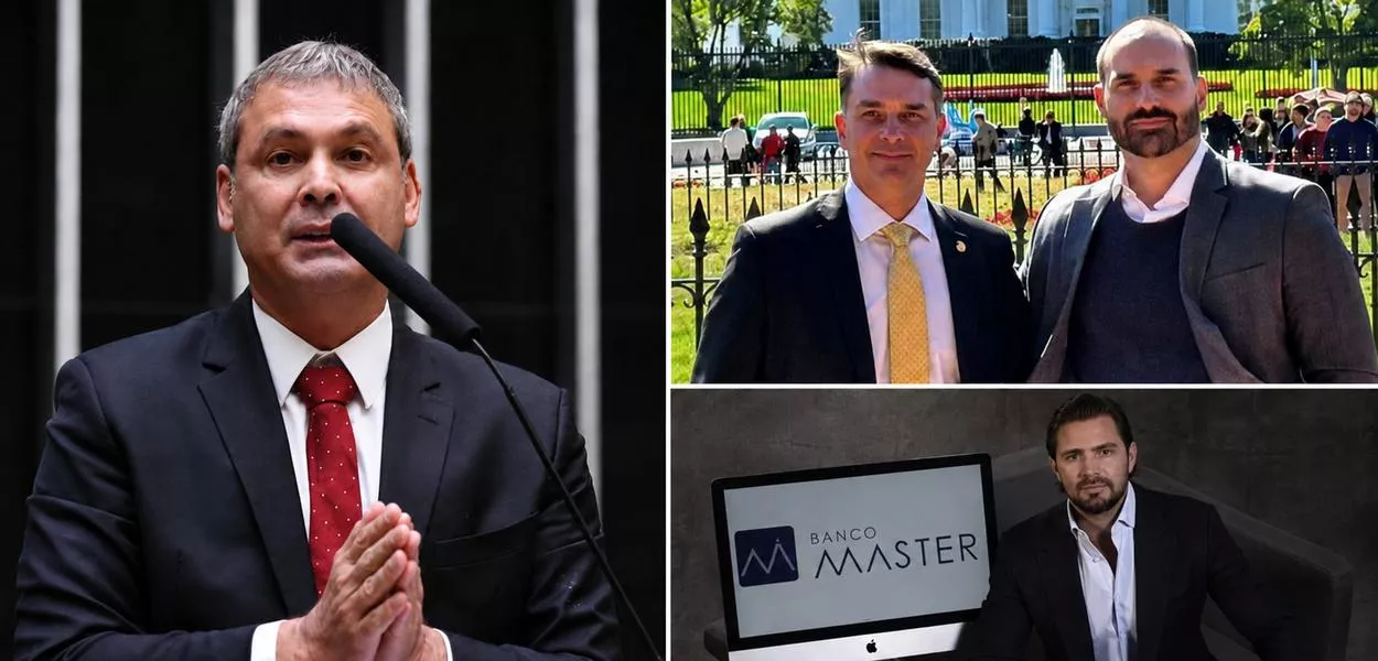 Lindbergh Farias à esq; Flávio e Eduardo Bolsonaro nos Estados Unidos, e Daniel Vorcaro