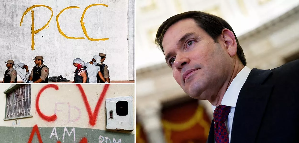 Marco Rubio, e membros da facção Primeiro Comando da Capital, e a sigla do Comando Vermelho