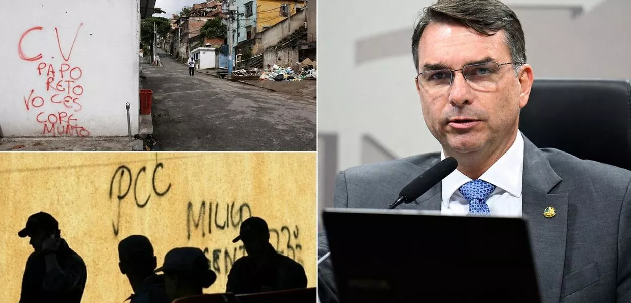 Siglas da facções Comando Vermelho, Primeiro Comando da Capital e Flávio Bolsonaro