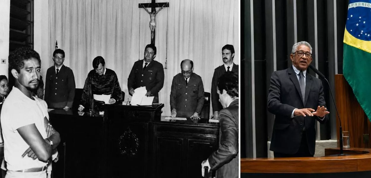 Vicentinho, de braços cruzados, durante julgamento no período da ditadura militar, e, à direita, o próprio deputado em discurso na Câmara