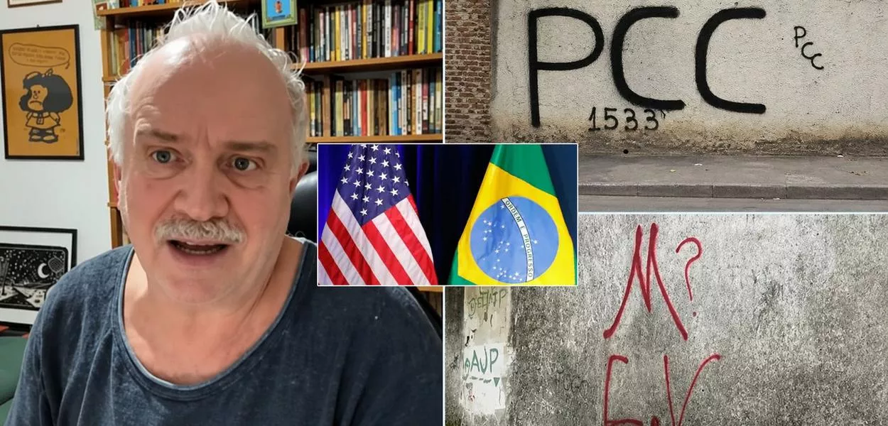 Altamiro Borges, siglas do Primeiro Comando da Capital, do Comando Vermelho e as bandeiras dos Estados Unidos e do Brasil
