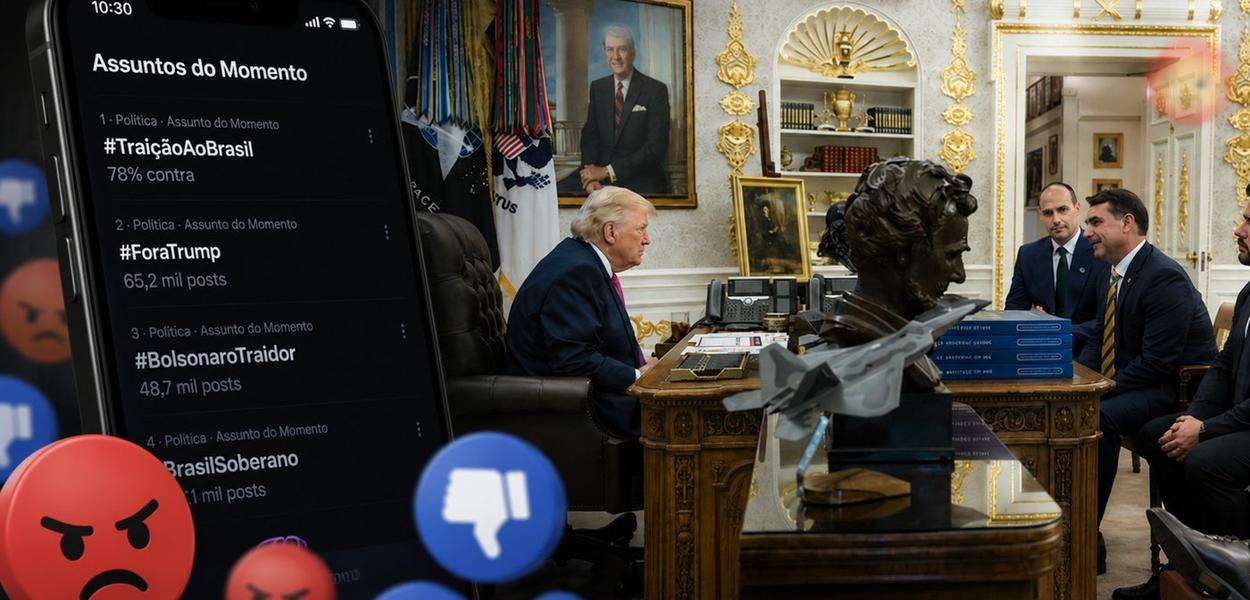 Cover image for Após tarifaço, 'traição ao Brasil' explode nas redes com 78% contra Trump e clã Bolsonaro