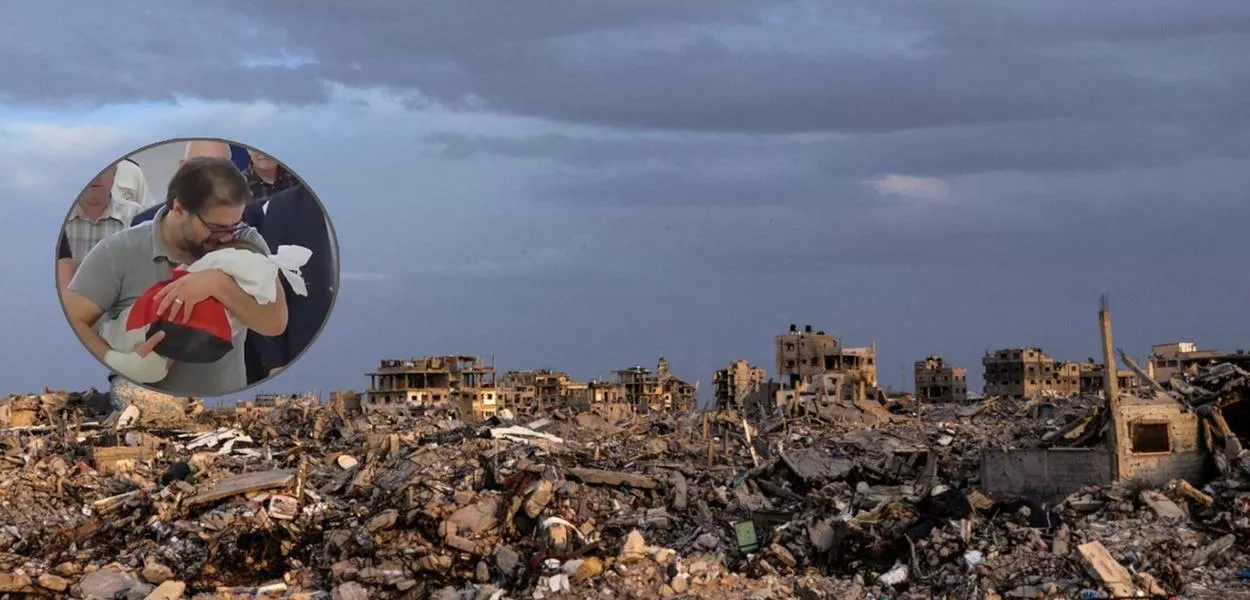 Homem com bebê palestino e a Faixa de Gaza