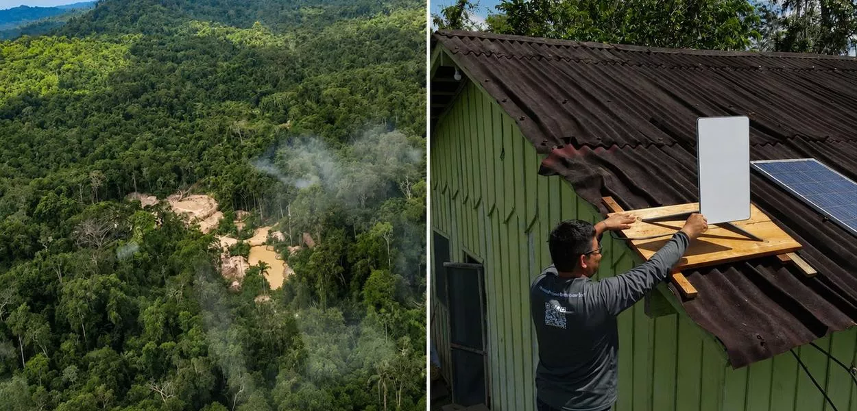 Amazônia e uma pessoa instalando internet