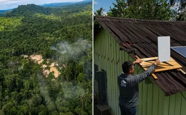 Amazônia e uma pessoa instalando internet