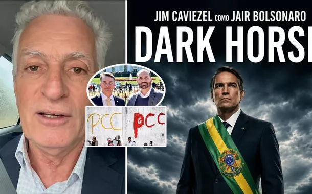 Rogério Correia, sigla do Primeiro Comando da Capital, ator Jim Caviezel, que interpreta Jair Bolsonaro no filme Dark Horse, e Flávio Bolsonaro e Eduardo Bolsonaro nos EUA