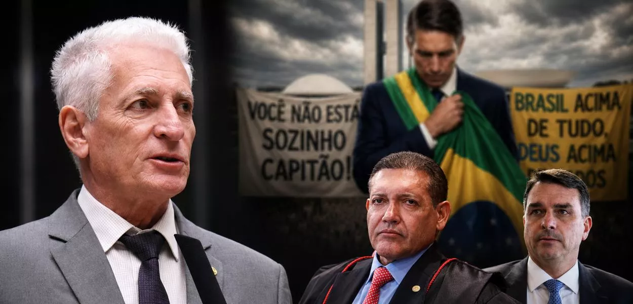 Rogério Correia, Nunes Marques, Flávio Bolsonaro e, ao fundo, cena do filme Dark Horse, com o ator Jim Caviezel interpretando Jair Bolsonaro