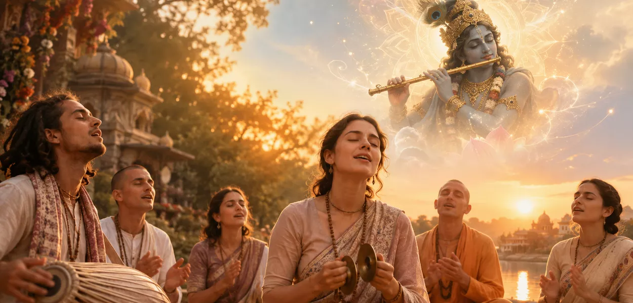 Devotos participam de kirtan, prática de canto coletivo do mantra Hare Krishna, considerado pela tradição védica um instrumento de transformação da consciência e despertar espiritual