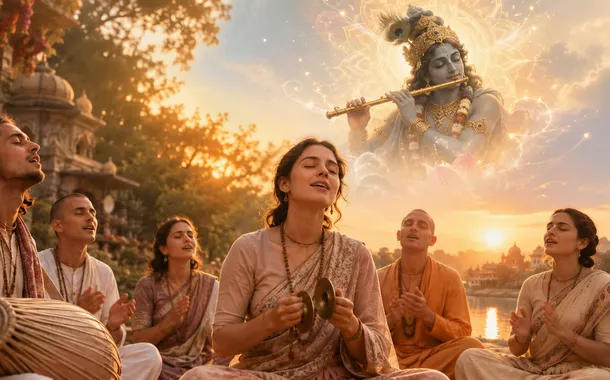 Devotos participam de kirtan, prática de canto coletivo do mantra Hare Krishna, considerado pela tradição védica um instrumento de transformação da consciência e despertar espiritual