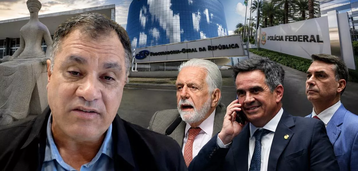 Jorge Folena, Jaques Wagner, Ciro Nogueira e Flávio Bolsonado. Ao fundo (esq. para dir.) estão o STF, a PGR e a PF