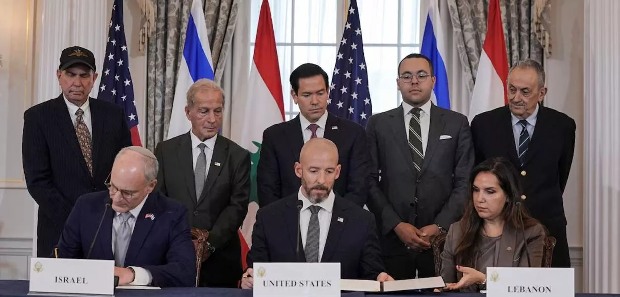 Assinatura do acordo-quadro entre Israel e Líbano, no Departamento de Estado, em Washington, D.C., Estados Unidos, em 26 de junho de 2026