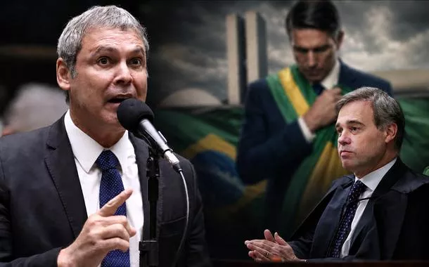 Lindbergh Farias, André Mendonça e o ator Jim Caviezel interpretando Jair Bolsonaro no filme Dark Horse